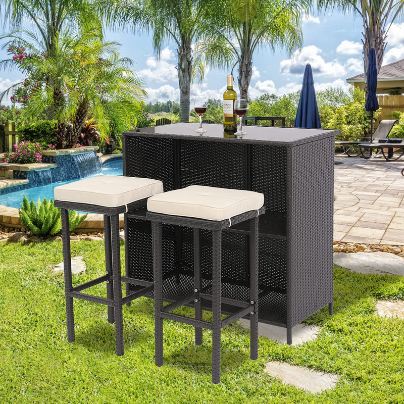 Latitude Run® Outdoor Furniture Wicker Bar Set, 3 Pieces Rattan Wicker